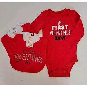 1st Valentine's Carter's Baby Boy Girl Unisex BodySuit 2 Teething Bibs 3 months